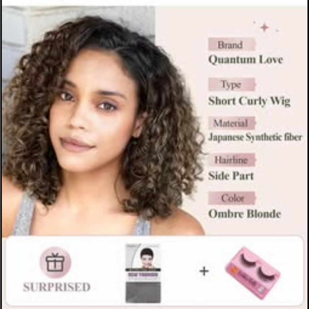 Quantum Black Women👩🏽Side Part Kinky Curly Bob Synthetic Ombre Blonde 12”Wig - Picture 7 of 9